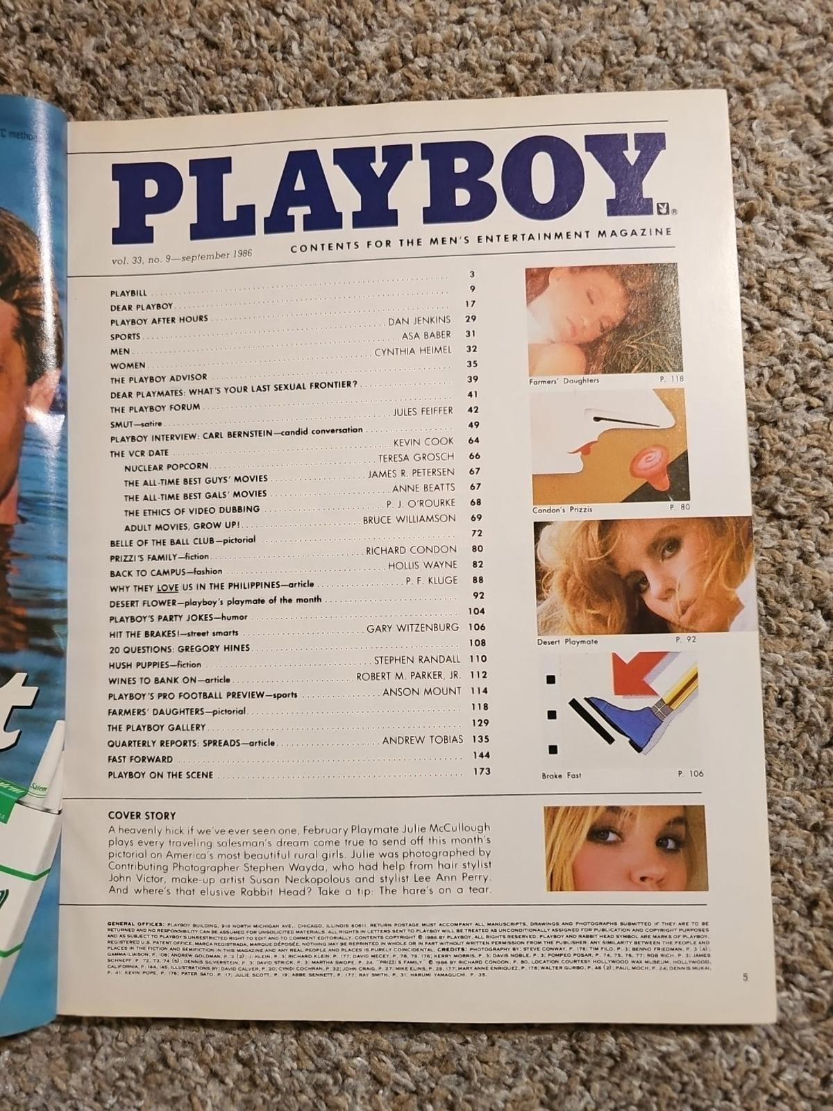 Playboy Magazine September 1986 Julie McCullough Carl Bernstein Gregory Hines