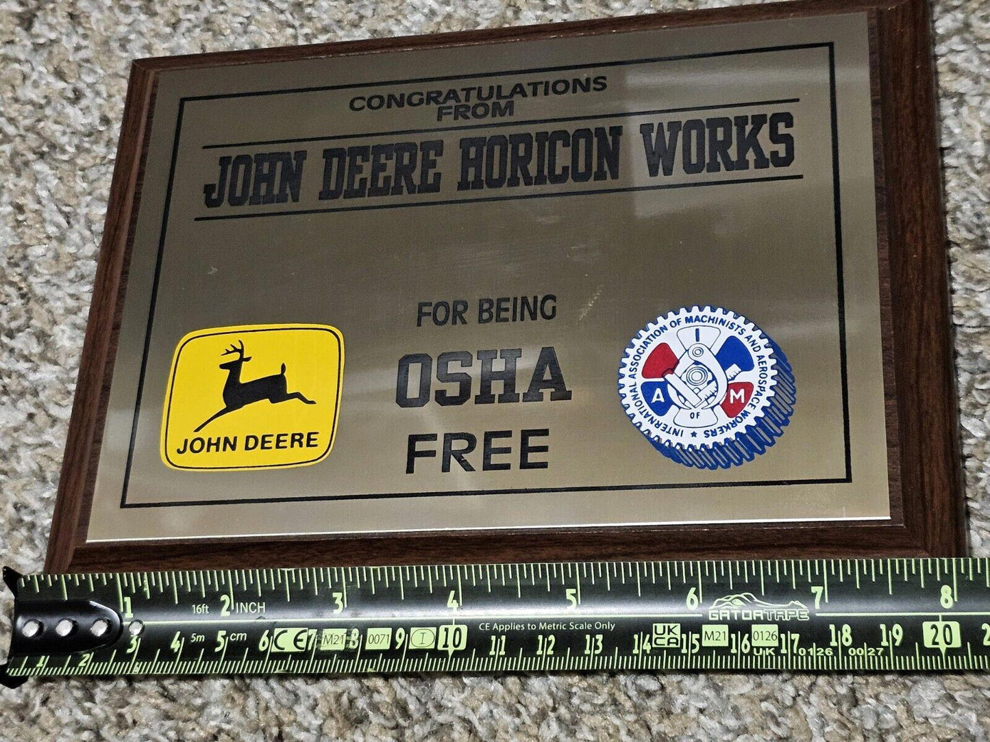 VINTAGE 90s Congratulations from John Deere Horicon Works being OSHA FREE Plaque