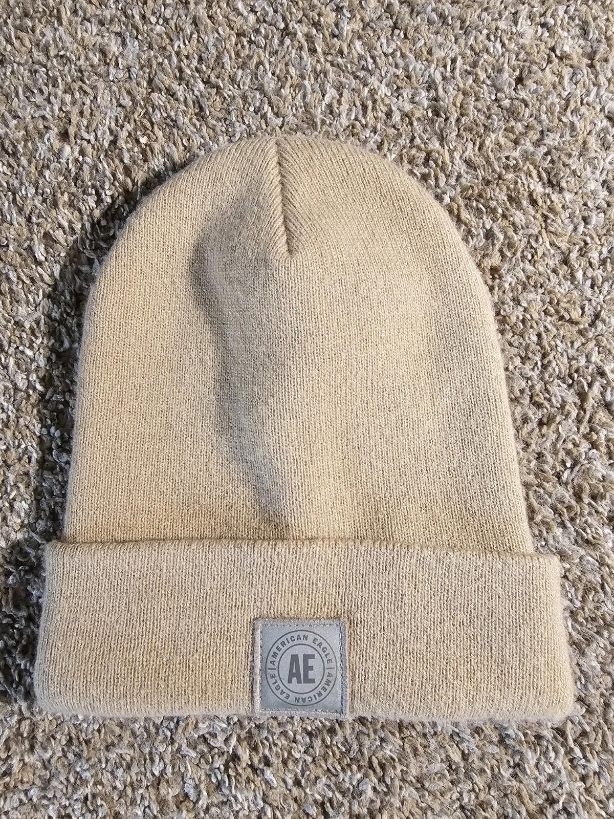 American Eagle AE Beanie Hat One Size Beige Tan Knit Logo