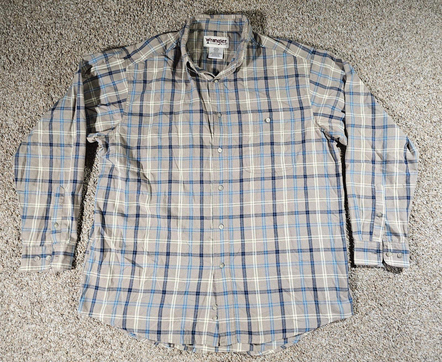 Wrangler Shirt Men XL Blue Brown Plaid Button Up Rugged Wear