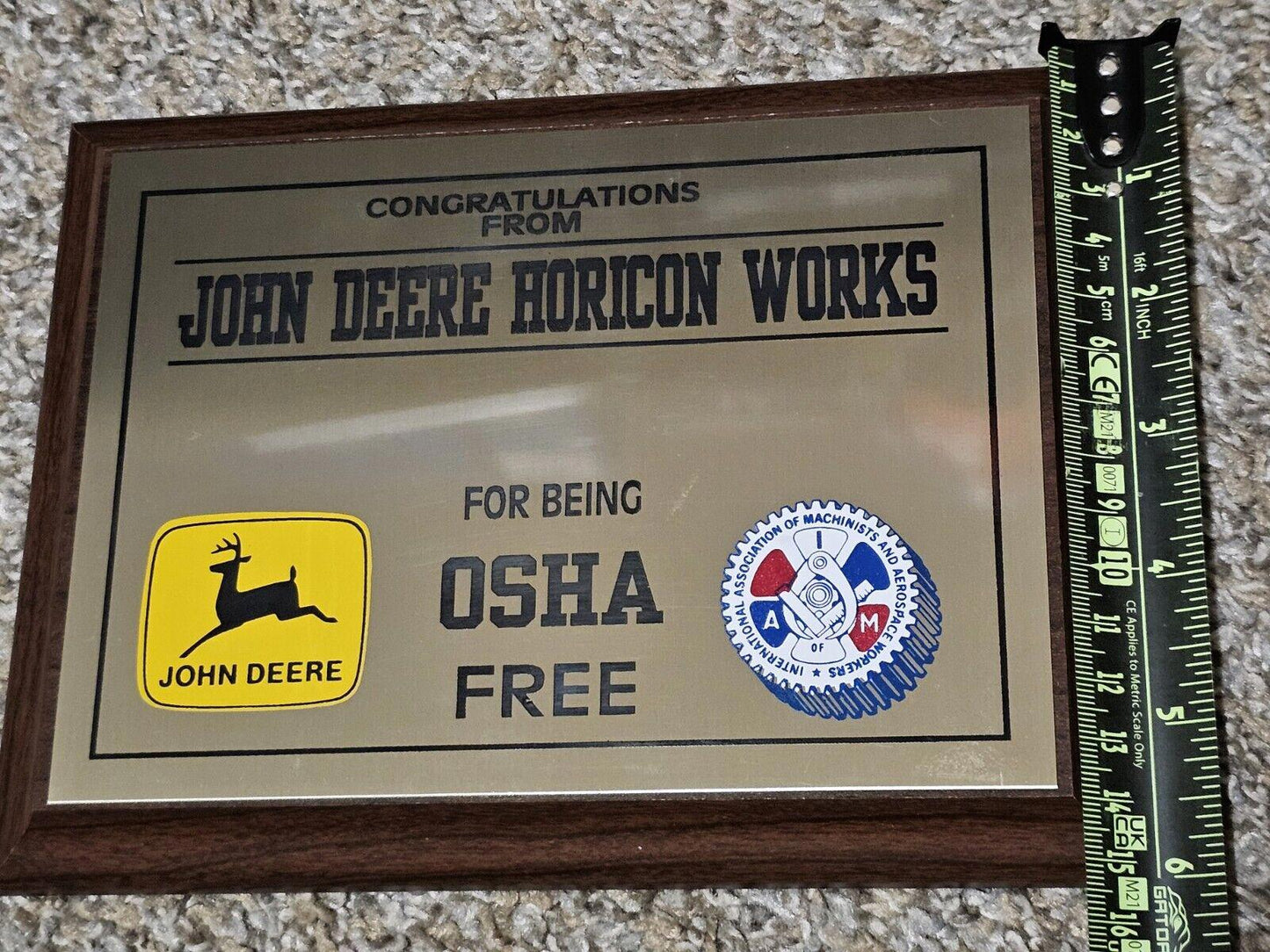 VINTAGE 90s Congratulations from John Deere Horicon Works being OSHA FREE Plaque