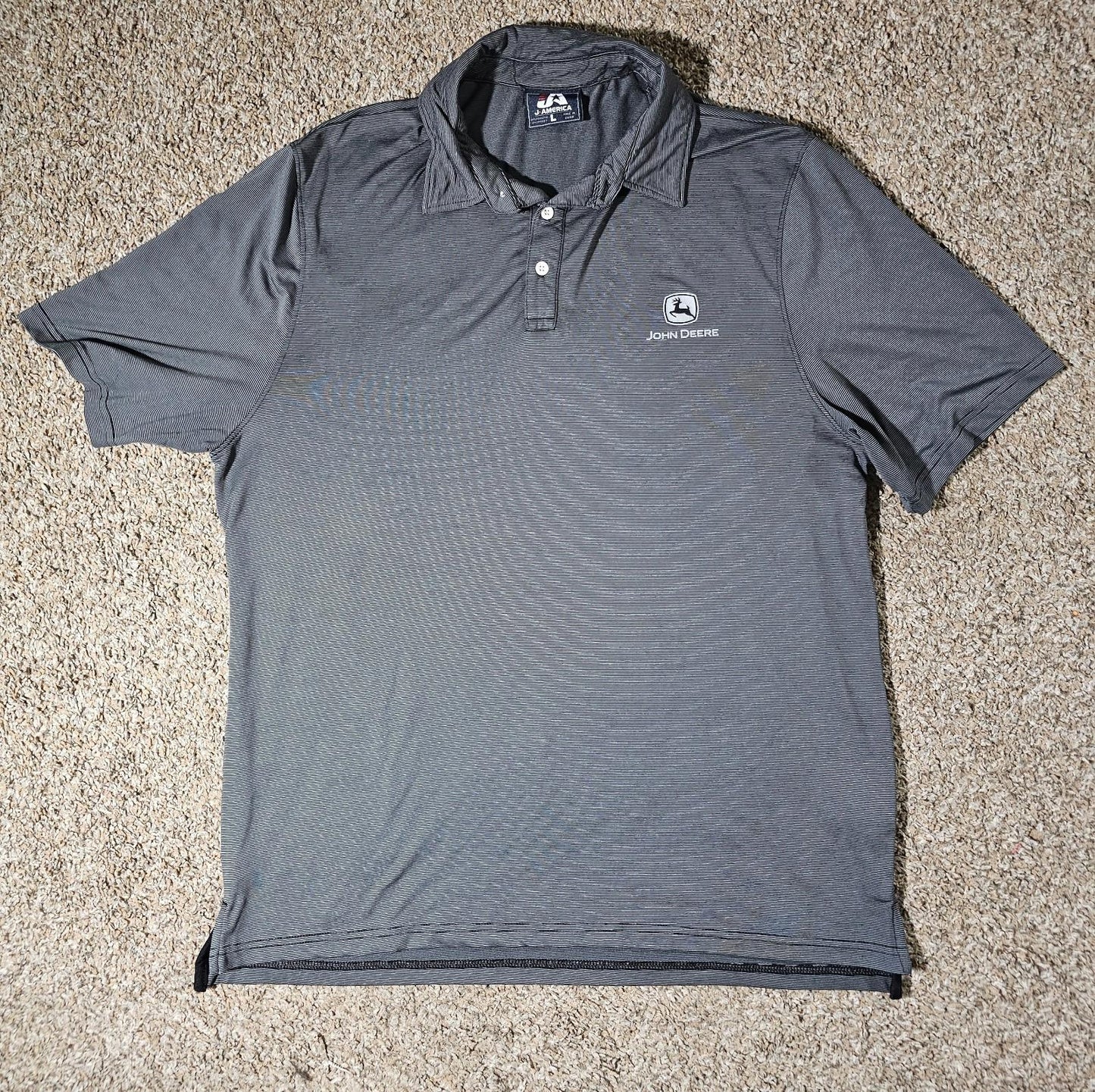 J America Large Gray John Deere Striped Polo Shirt