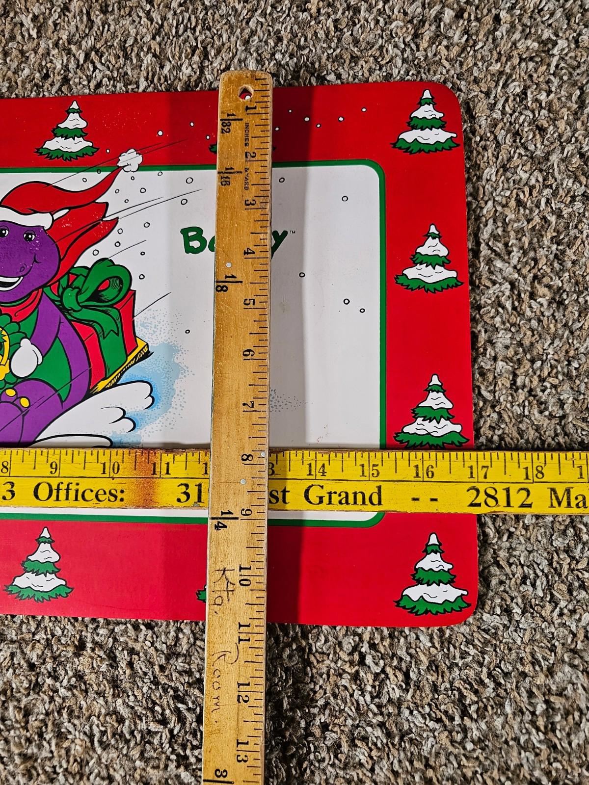 Vintage Placemat Barney The Dinosaur Christmas Trees Sleigh 1993 11x17