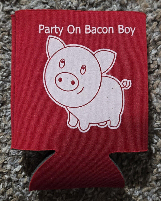 Red Party On Bacon Boy Can Coozie