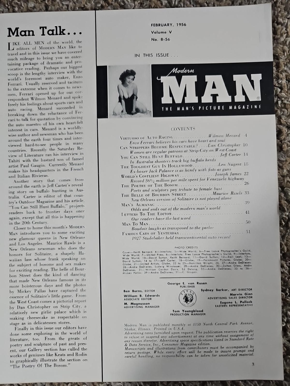 Modern Man Magazine Feb 1956 Vol V Men's Interest Auto Racing Enzo Ferrari