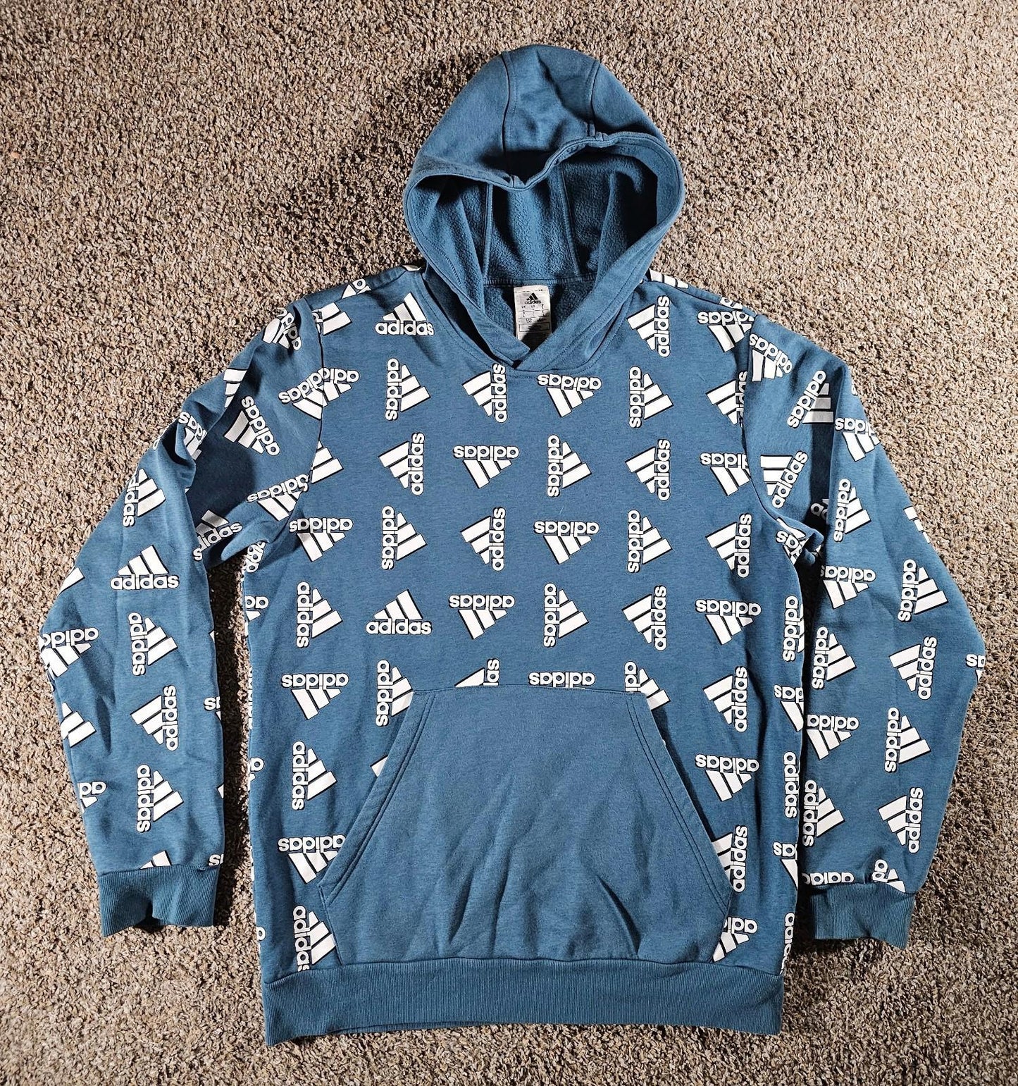 Adidas All Over Print blue Pullover Hoodie Sweatshirt Mens L