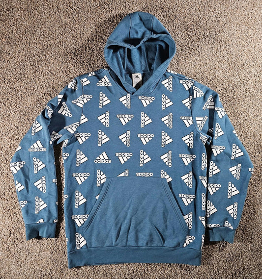 Adidas All Over Print blue Pullover Hoodie Sweatshirt Mens L
