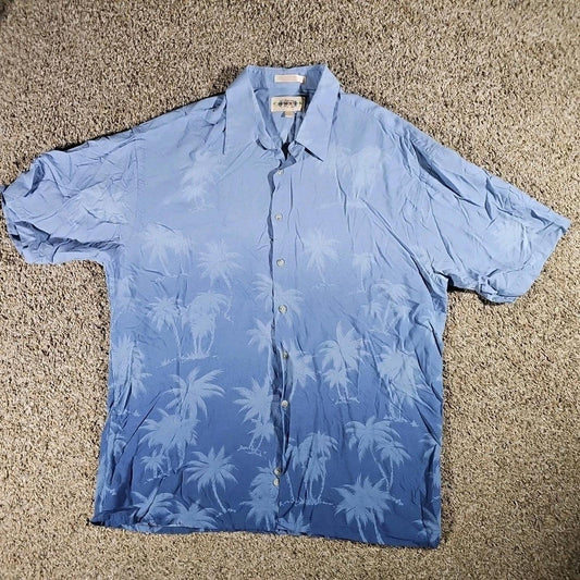 Campia Moda L 100% Rayon Blue Palm Trees Hawaiian Button Up