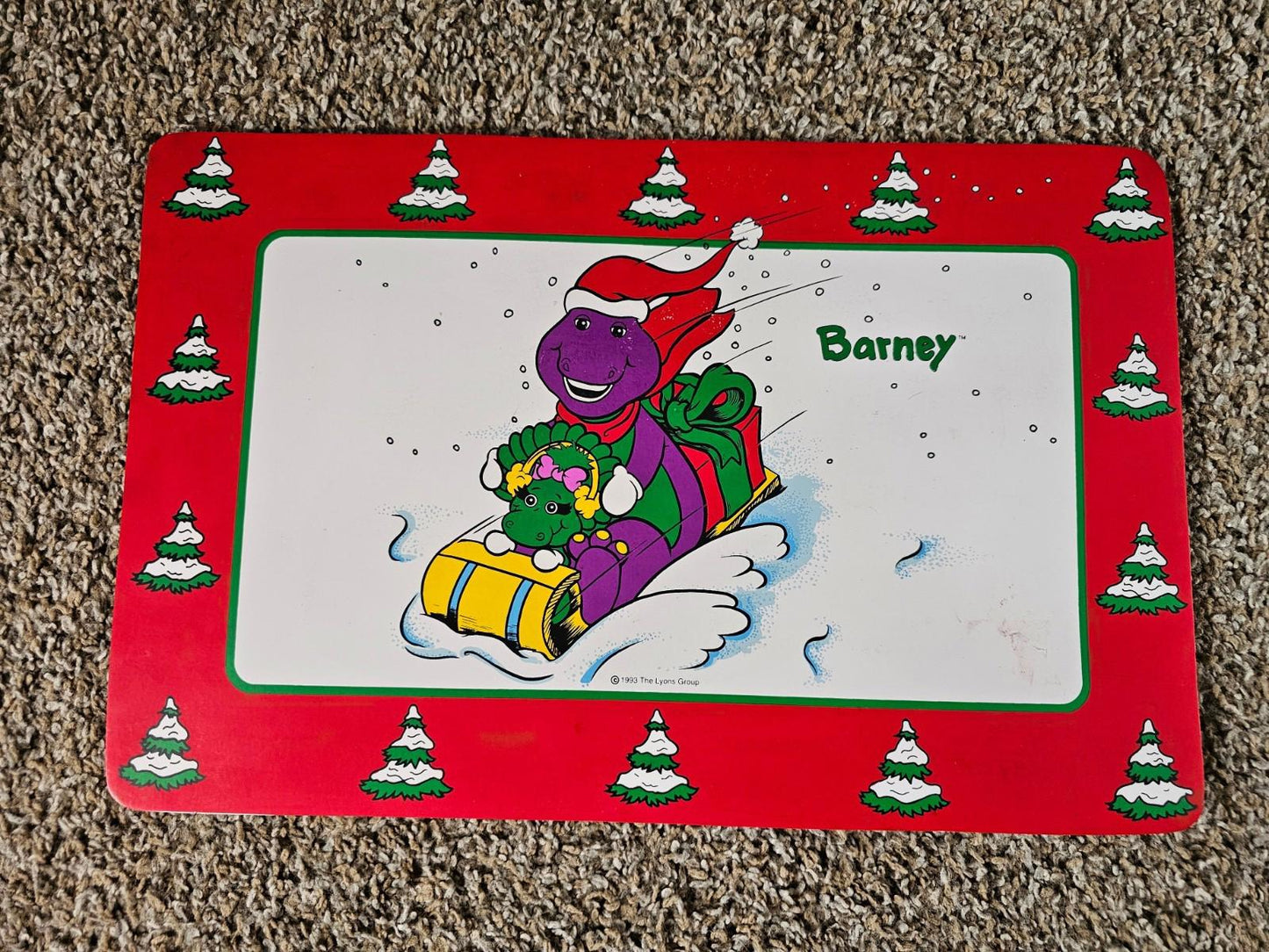 Vintage Placemat Barney The Dinosaur Christmas Trees Sleigh 1993 11x17