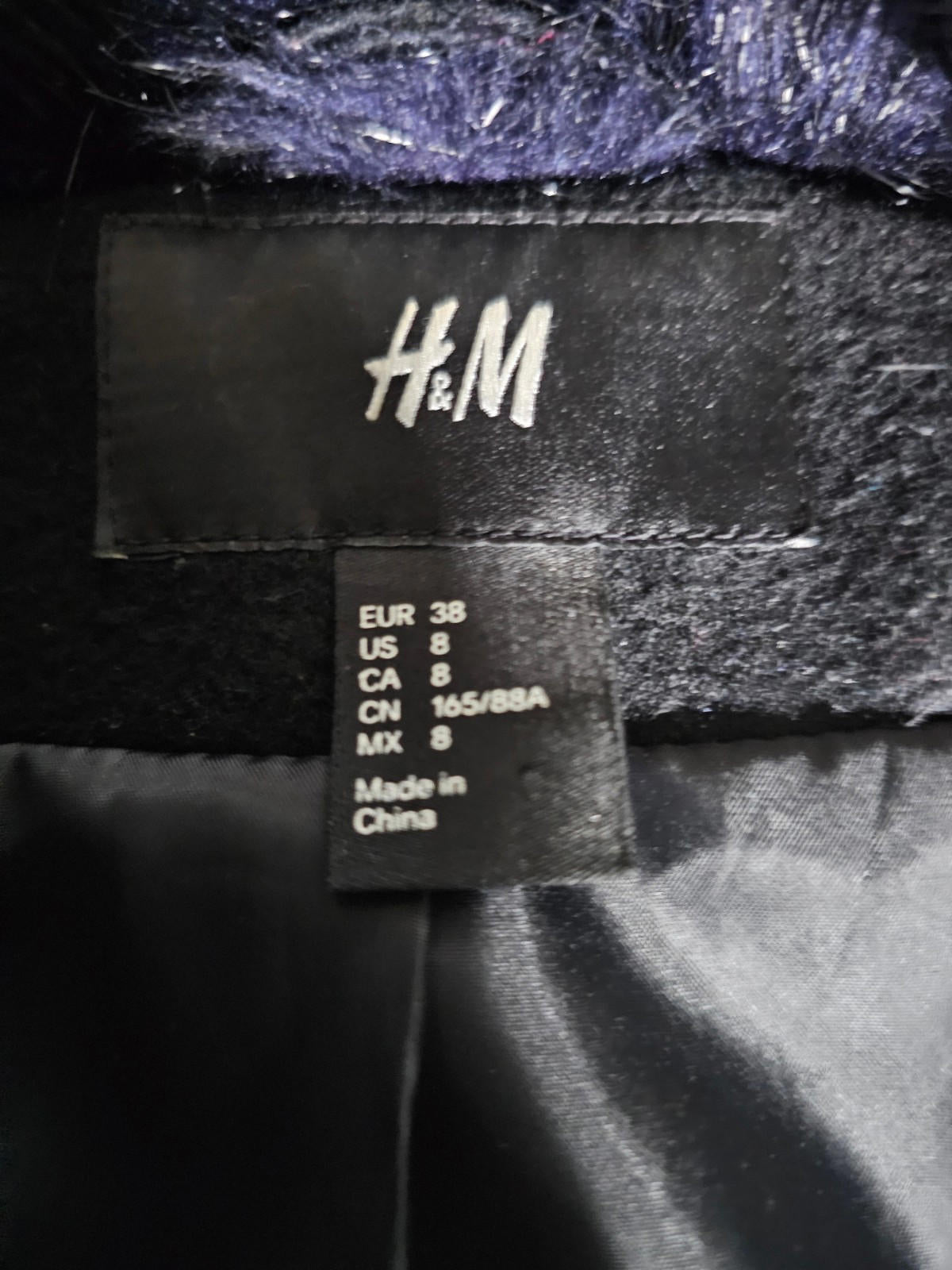 H&M Purple Black faux fur trim wool coat US 8