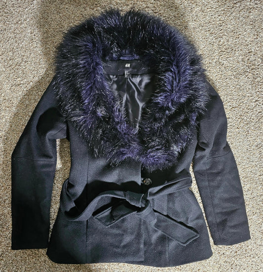 H&M Purple Black faux fur trim wool coat US 8