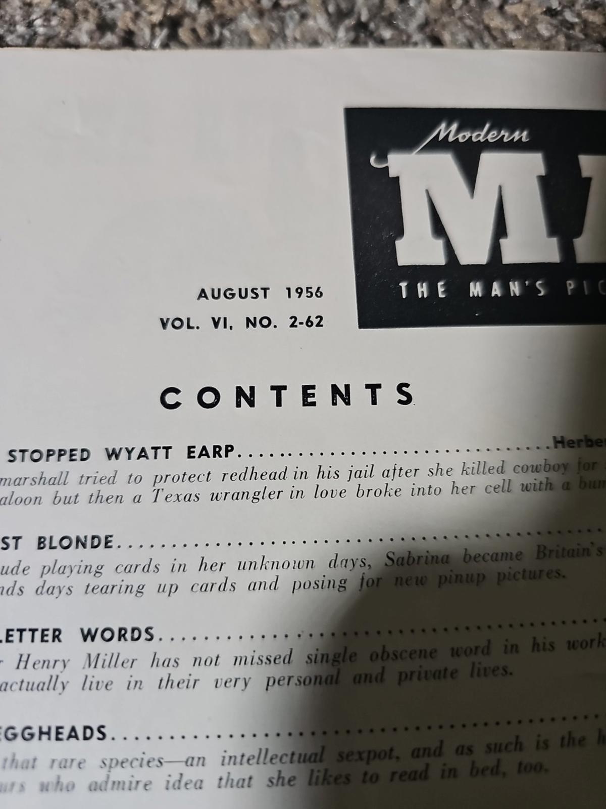 AUG. 1956 MODERN MAN MAGAZINE: HILDEGARDE NEF, HENRY MILLER, LILI ST