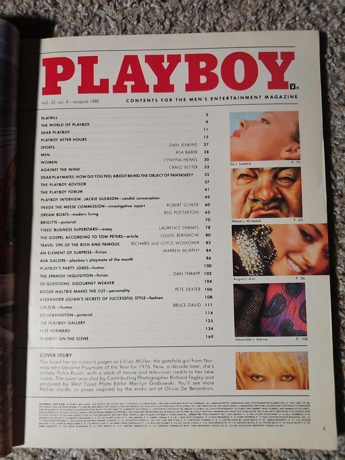 Playboy August 1986 Ava Fabian Lillian Muller Brigitte Nielsen Sigourney Weaver