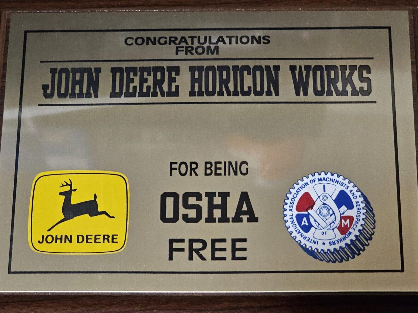 VINTAGE 90s Congratulations from John Deere Horicon Works being OSHA FREE Plaque