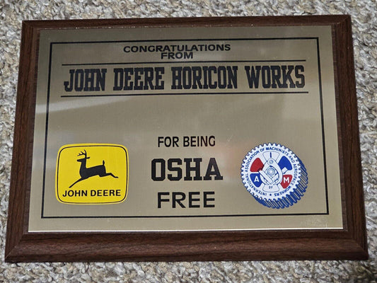 VINTAGE 90s Congratulations from John Deere Horicon Works being OSHA FREE Plaque