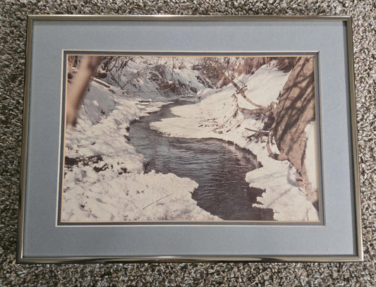 Stream, Trees And Snow Matted Picture With Frame