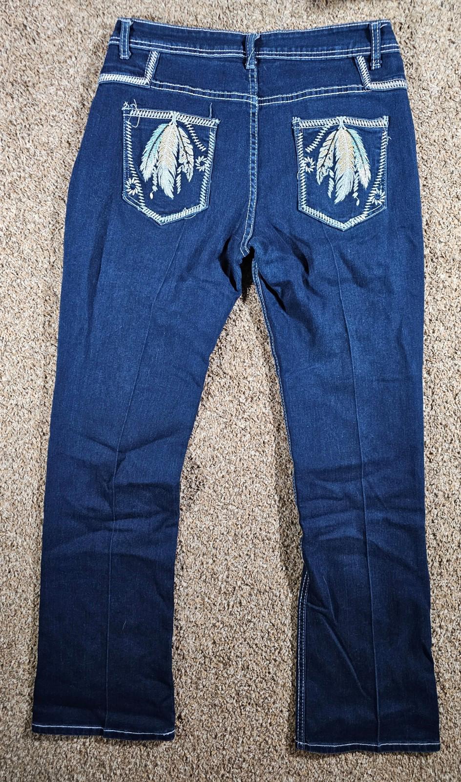 Feather embroidery pockets Large blue jeans APPROX 30x31