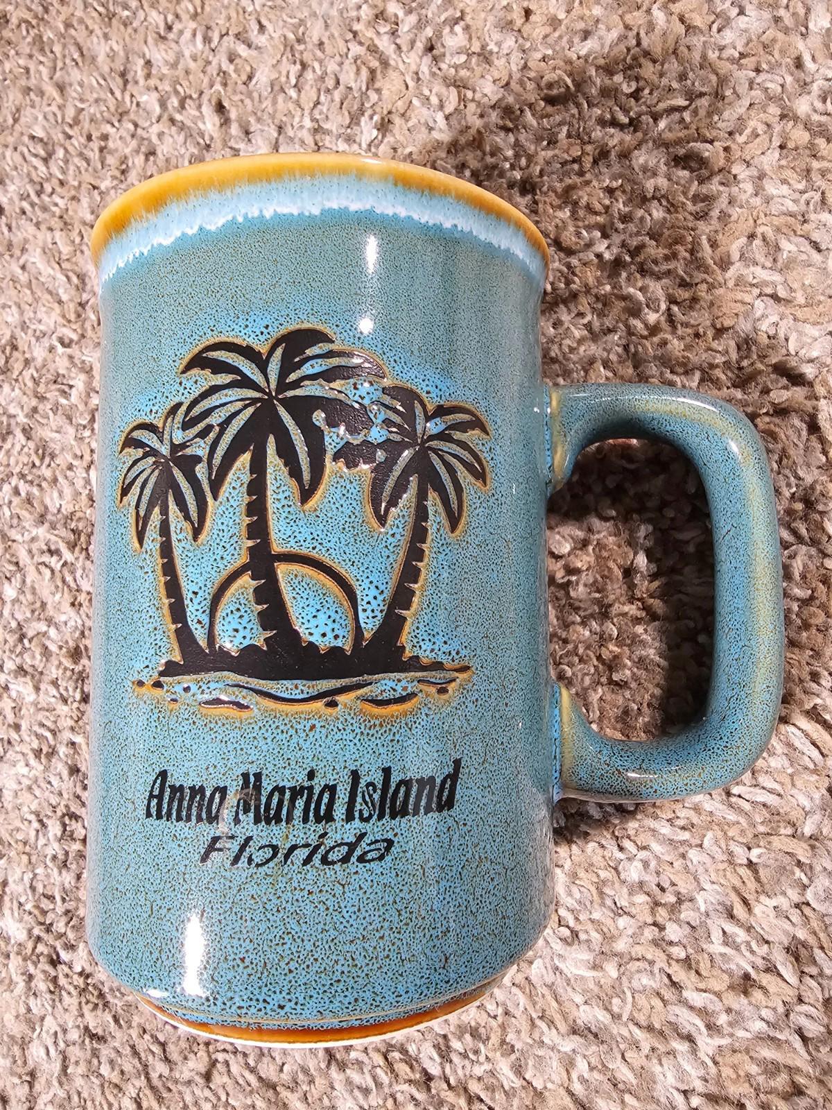 Anna Maria Island FL Pottery Coffee Mug Cup Drip Glaze Teal Palm Trees