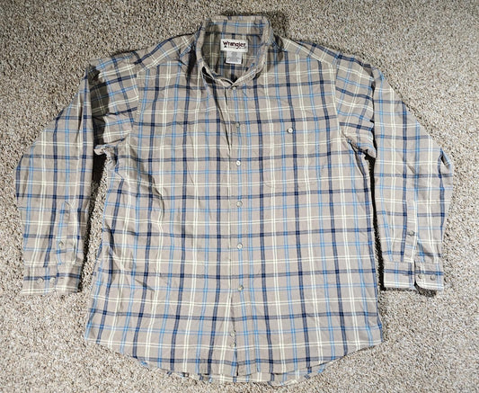 Wrangler Shirt Men XL Blue Brown Plaid Button Up Rugged Wear