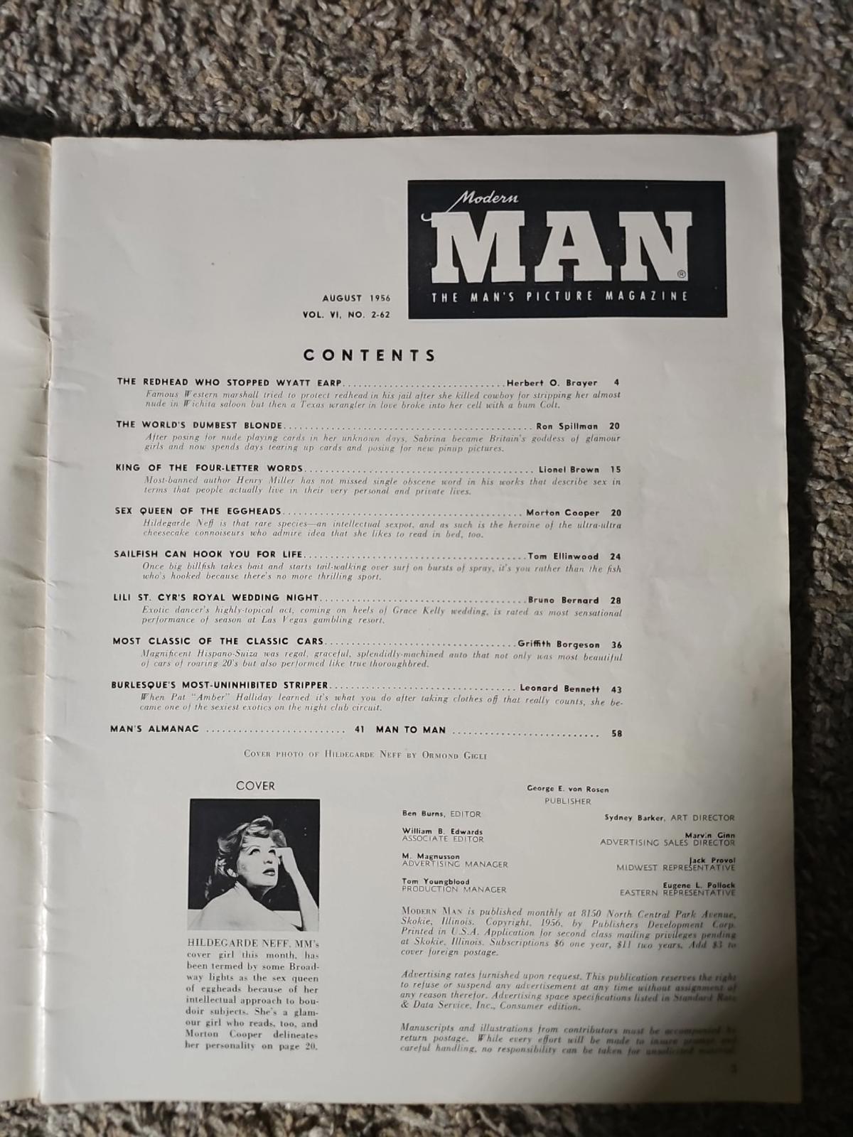 AUG. 1956 MODERN MAN MAGAZINE: HILDEGARDE NEF, HENRY MILLER, LILI ST