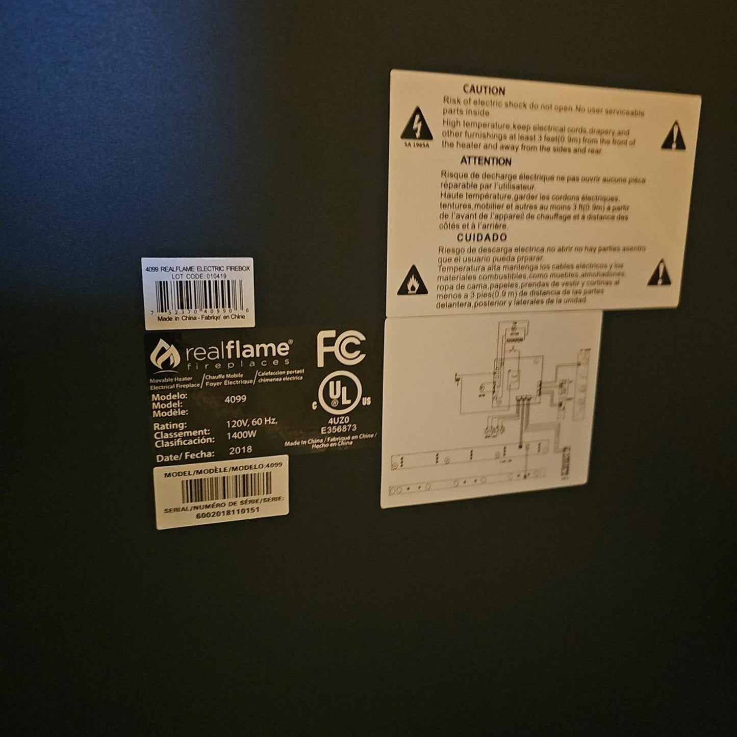 RealFlame model 4099 Electric fireplace Firebox