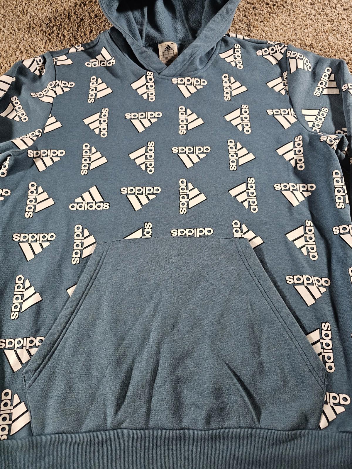 Adidas All Over Print blue Pullover Hoodie Sweatshirt Mens L
