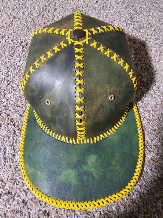 Custom Handmade Leather Strapback Hat Yellow Plastic Stitch