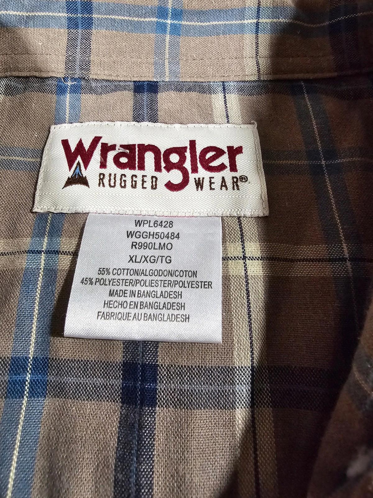 Wrangler Shirt Men XL Blue Brown Plaid Button Up Rugged Wear