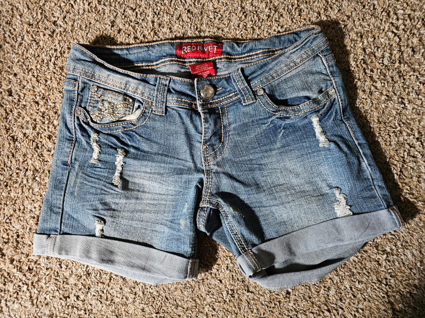 Red Rivet Juniors Denim Cuffed Shorts Sz 1 Distressed Bling