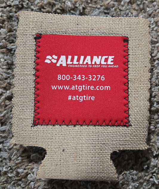 Burlap Alliance Tire Can Coozie With Pocket