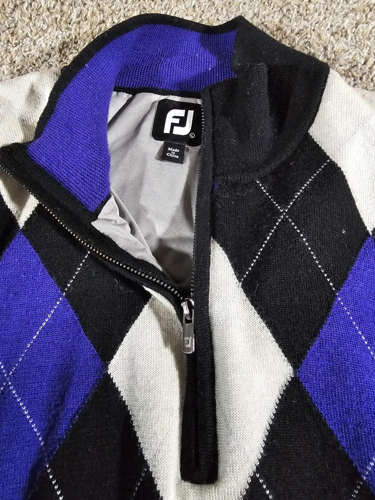 FootJoy Argyle Wool Sweater Black Purple 1/4Zip Mens L FLAWS