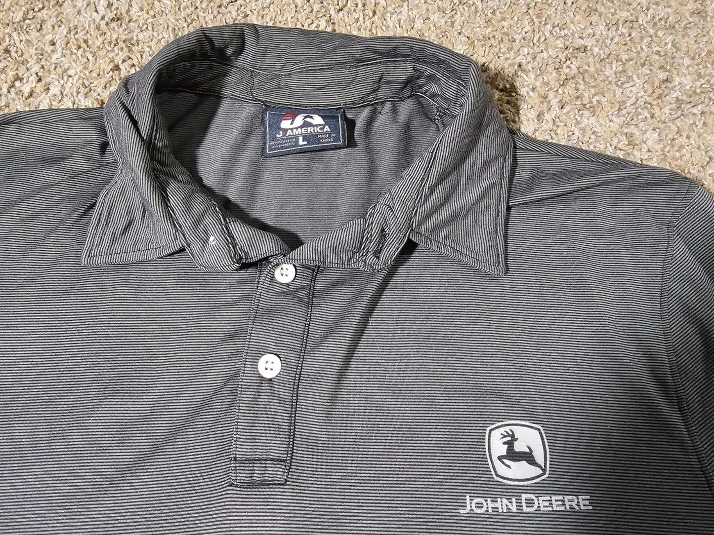 J America Large Gray John Deere Striped Polo Shirt