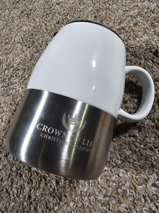 Crown of Life Christian Academy White Coffee Mug Etched Metal Band