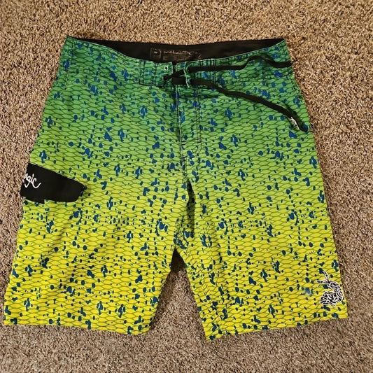 Pelagic Board Shorts Mens 32 Green Yellow Mahi Swim Trunks