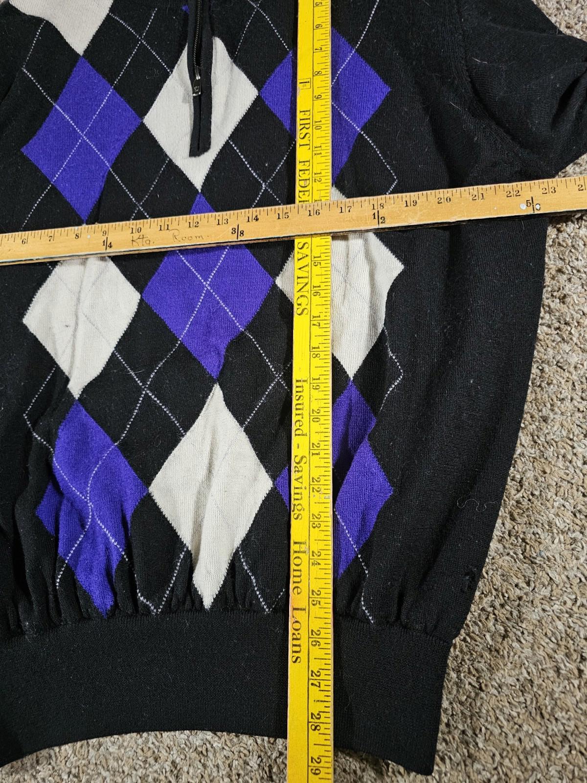 FootJoy Argyle Wool Sweater Black Purple 1/4Zip Mens L FLAWS