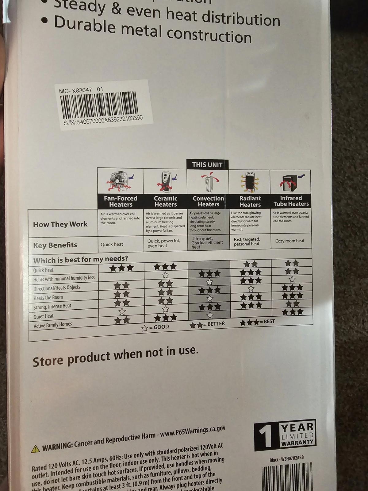 Mainstays Electric Heater NIB