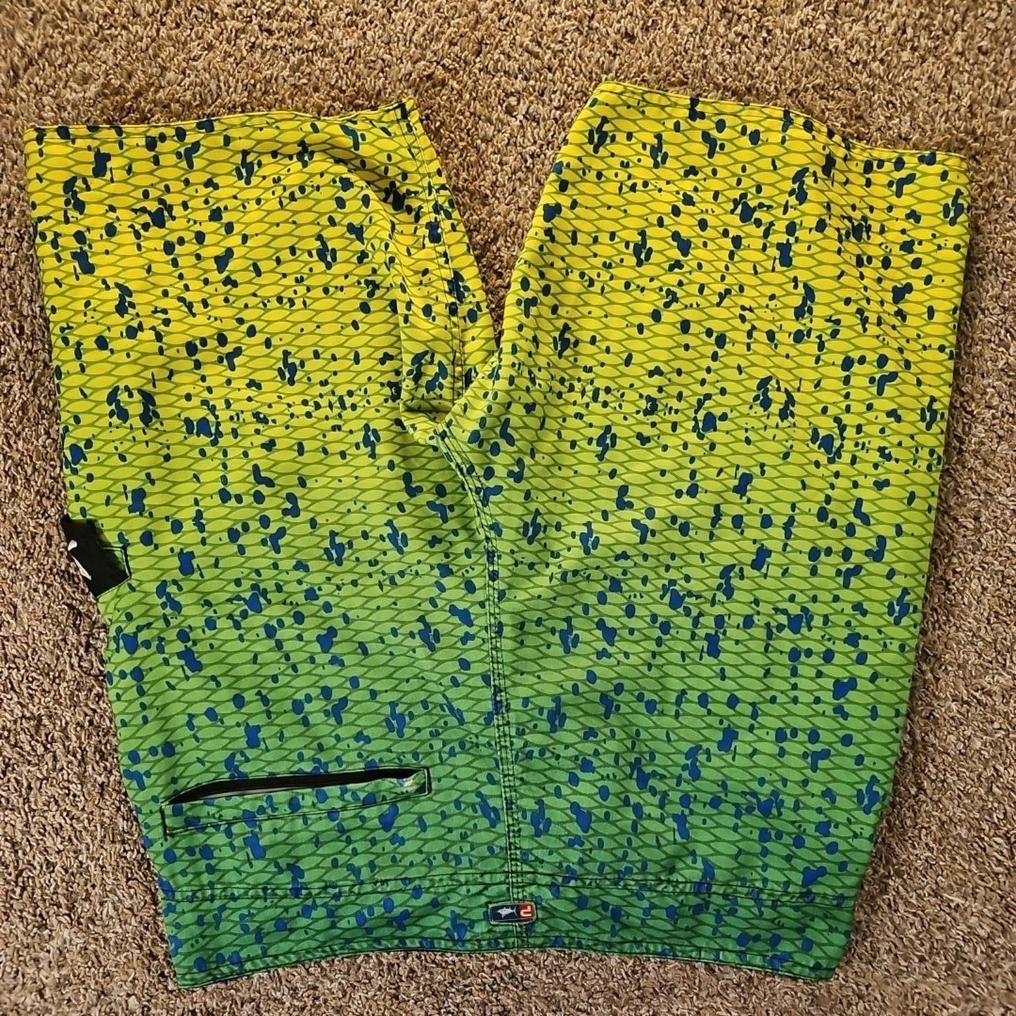 Pelagic Board Shorts Mens 32 Green Yellow Mahi Swim Trunks