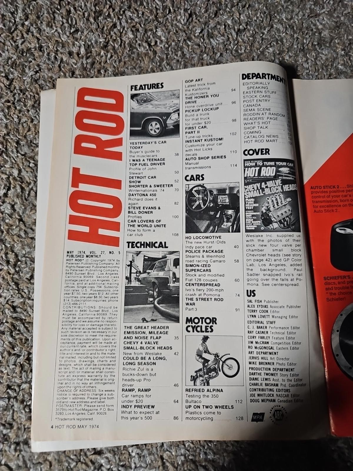 HOT ROD MAGAZINE MAY 1974 CHEVY 4-VALVE SMALL-BLOCK HEADS ..THREE HEADER TEST