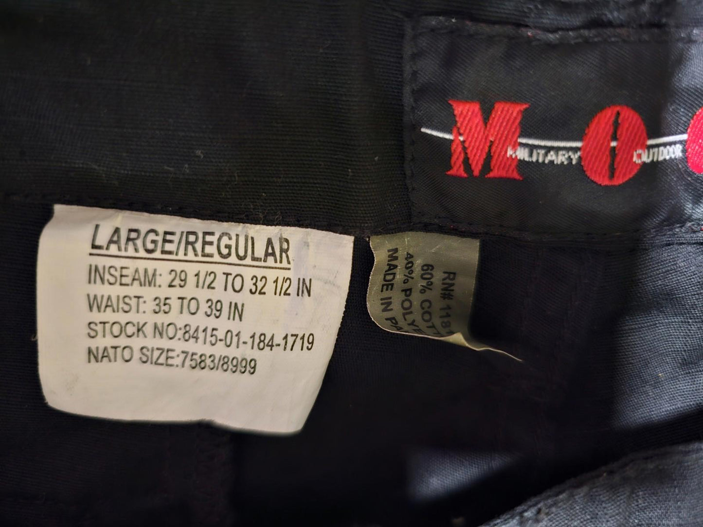 MOC Military Outdoor Clothing Ripstop Cargo Pants Black L