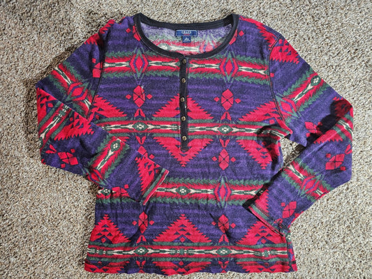 Chaps Denim Henley Shirt Womens L Waffle Thermal Southwest
