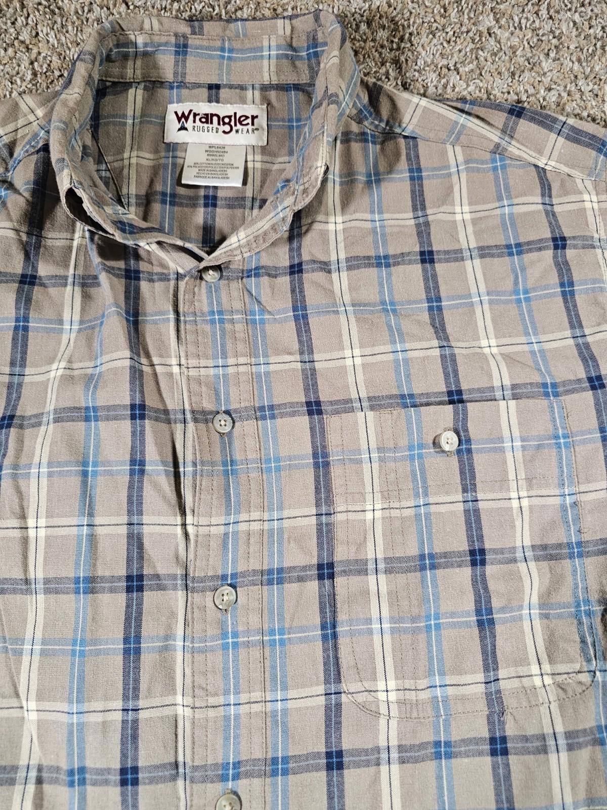 Wrangler Shirt Men XL Blue Brown Plaid Button Up Rugged Wear