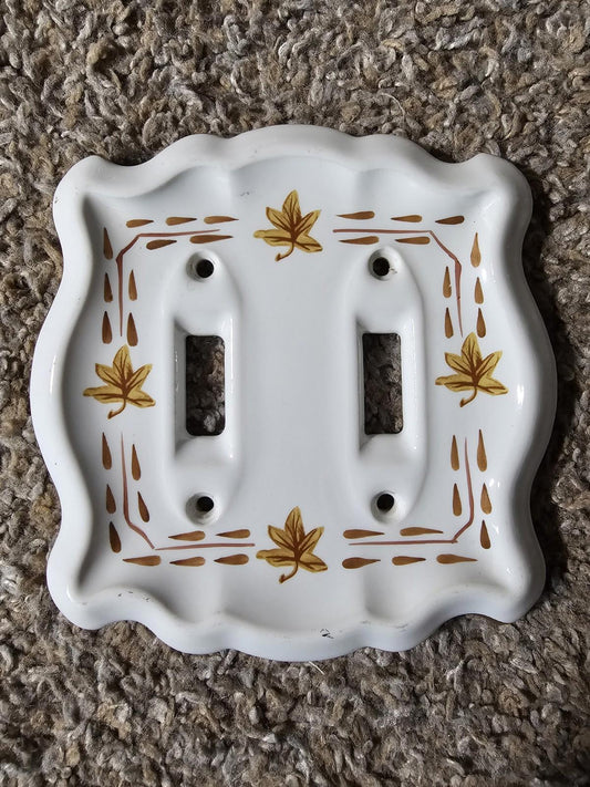 Vintage Ceramic Leaf Print Distressed Gold Edge Double Light Switch Plate