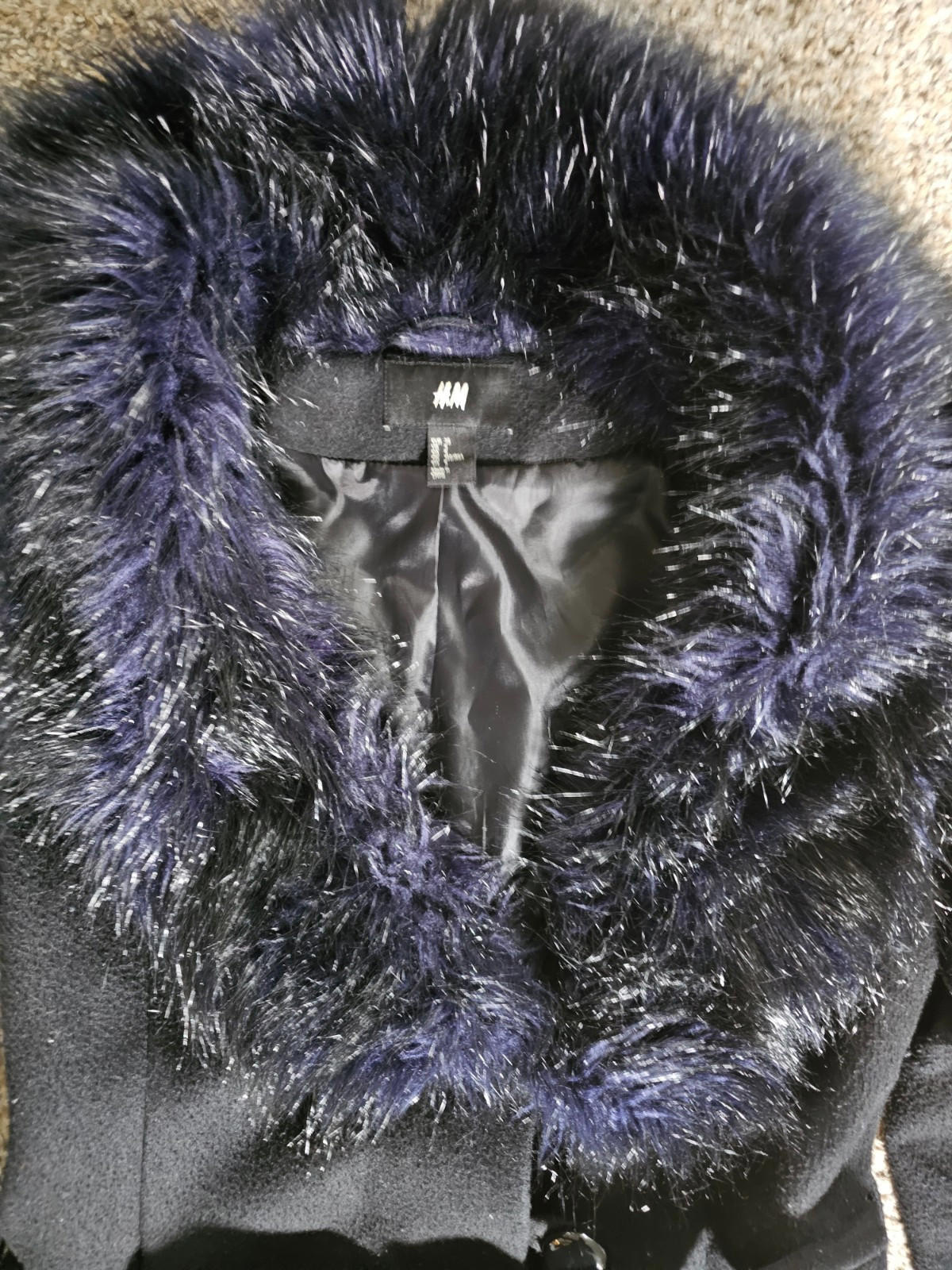H&M Purple Black faux fur trim wool coat US 8