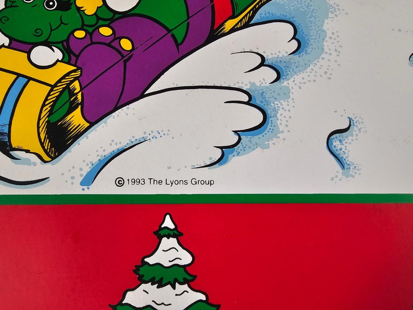 Vintage Placemat Barney The Dinosaur Christmas Trees Sleigh 1993 11x17