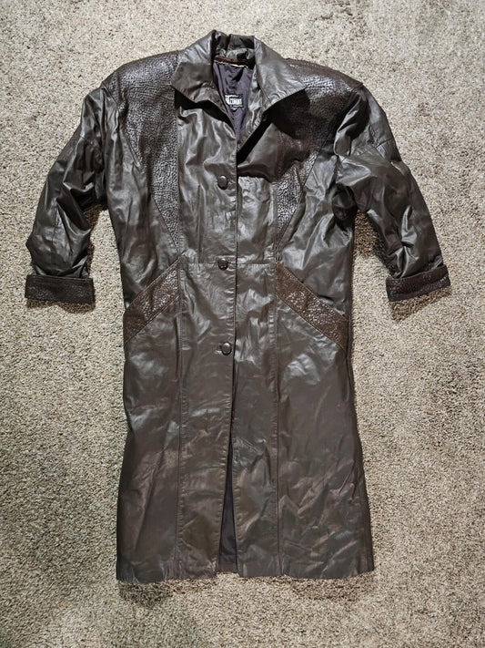 Comint Argentina Long Trench Style Brown Leather Jacket S