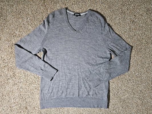 Express Men's Vneck Sweater Size L Merino Wool Blend Gray