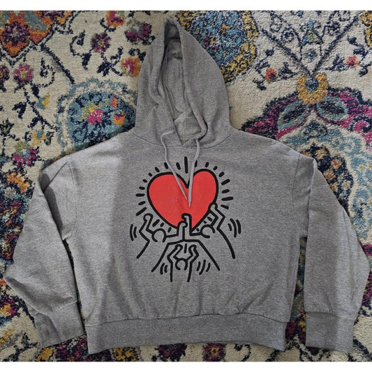 Keith Haring Hoodie Mens XS Gray Love Heart New York Art