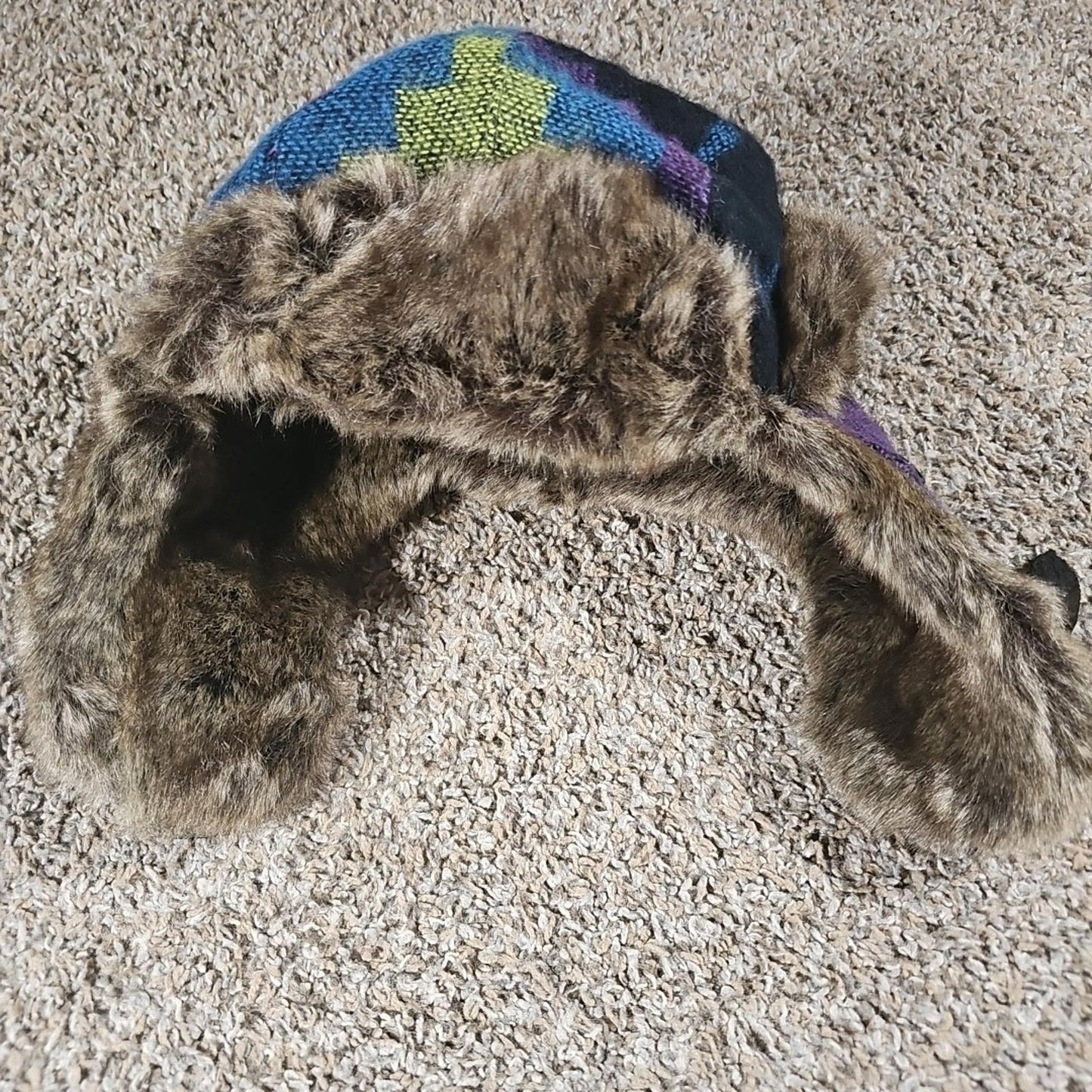 MUDD Trapper Hat Y2K Faux Fur Ear Flaps Multicolor Plaid One Size w/ Strap
