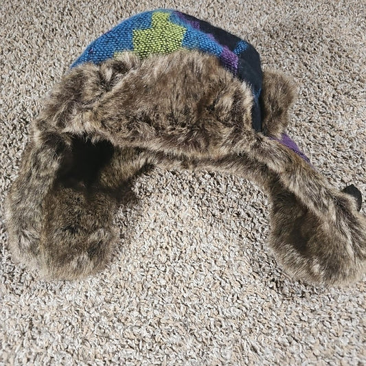 MUDD Trapper Hat Y2K Faux Fur Ear Flaps Multicolor Plaid One Size w/ Strap