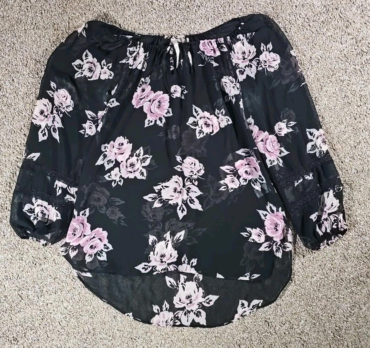 LC Lauren Conrad Sheer Blouse Black Floral M